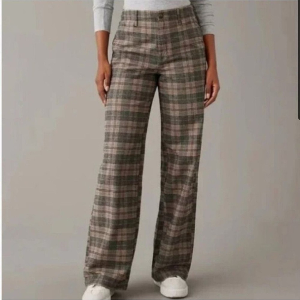 american eagle super high rise wide leg 30 waist regular brown gray blue plaid